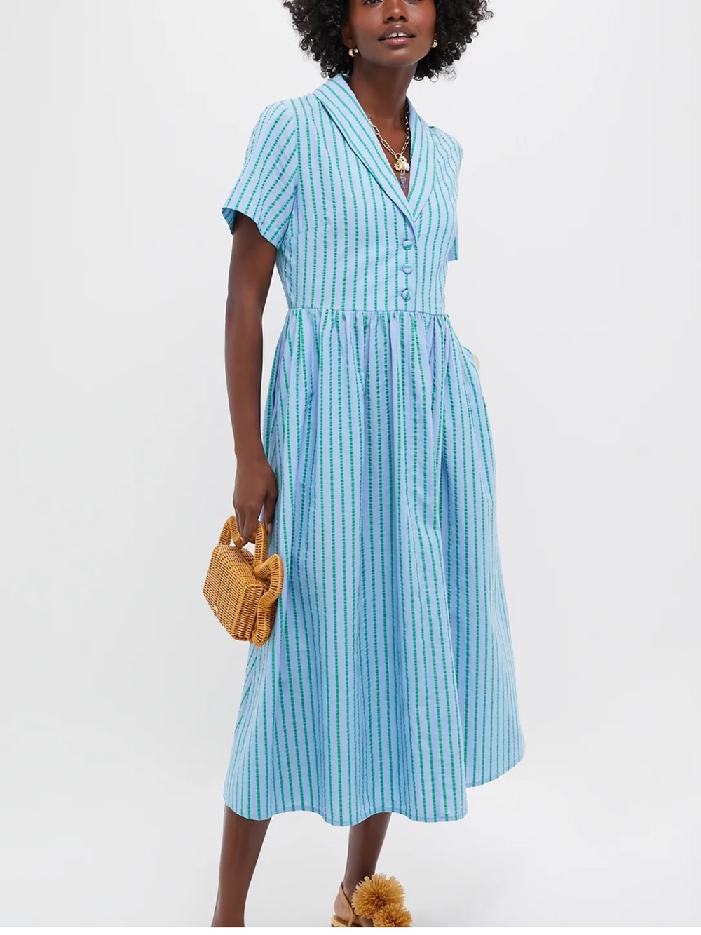 TUCKERNUCK Adelaide Blue / Green stripe Seersucker Shawl Collar Dress Size L